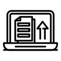 Laptop upload documents icon, outline style