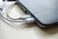 Laptop with USB Type-C adapter with pluged USB cables and SD card. The USB adapter under the Type-C connector for laptop. Multipor Royalty Free Stock Photo