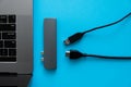 Laptop with USB Type-C adapter with unpluged USB cables. The USB adapter under the Type-C connector for laptop Royalty Free Stock Photo
