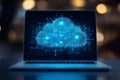 Laptop visualizing a digital cloud computing network with data transfer and connectivity elements Royalty Free Stock Photo