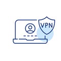 Laptop and VPN shield. Secure user profile, protected identity verification. Safe internet usage. Pixel perfect icon
