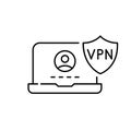 Laptop and VPN shield. Secure user profile, protected identity verification. Safe internet usage. Vector icon