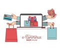 Laptop with wallpaper of set gift and bag shopping process e-commerce shop online on white background