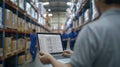 The laptop in a warehouse.AI generated image Royalty Free Stock Photo