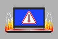 Laptop, warning triangular sign with thermometer icon inside and flame