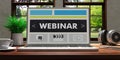 Laptop with webinar screen on wooden desk at home. Beautiful blurred nature background. 3d illustration