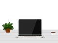 Laptop white blank screen on work table front view Royalty Free Stock Photo