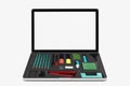 Laptop on white with office tools Royalty Free Stock Photo