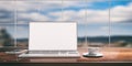 Laptop with white screen on a wooden desk. Blurred blue sky background. 3d illustration Royalty Free Stock Photo