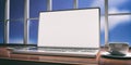 Laptop with white screen on a wooden desk. Blurred sky background. 3d illustration Royalty Free Stock Photo