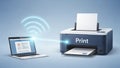 Laptop wirelessly connected to a printer illustrating modern printing technology and office automation Royalty Free Stock Photo