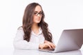 Laptop woman. Business Woman with glasses using laptop computer pc. Royalty Free Stock Photo