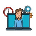 Laptop with woman and gears with clock