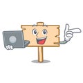 With laptop wooden board character cartoon