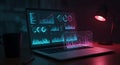 Laptop on a wooden desk displaying illuminated data analytics visuals, including