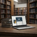 Laptop Displaying Online Education Program with Books and Library Background Royalty Free Stock Photo
