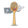 With laptop wooden fork character cartoon