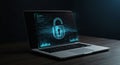 Laptop on a wooden surface features a glowing holographic lock symbol on its