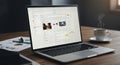 A laptop on a wooden table displays an open browser, showcasing email softwar