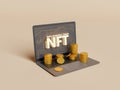 Laptop with the word NFT on the screen and bitcoins on the keyboard Royalty Free Stock Photo