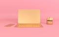 Laptop on work desk mock-up background in modern minimal style. Pink and golden colors. Notebook, smartphone and cactus 3d render Royalty Free Stock Photo