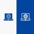 Laptop, World, Globe, Technical Line and Glyph Solid icon Blue banner Line and Glyph Solid icon Blue banner