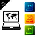 Laptop with world map on screen icon isolated on white background. World map geography symbol. Set icons colorful square Royalty Free Stock Photo