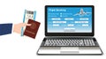 Laptop with world travel landmark on white backgroundlaptop online flight booking with ticket passport