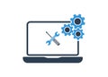 Laptop with wrench and screwdriver on screen. Computer repair service, technical support. Flat design. Vector illustration Royalty Free Stock Photo