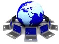 Laptops around earth globe Royalty Free Stock Photo