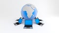 Laptops around globe. Global network concept. Royalty Free Stock Photo