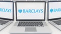 Laptops with Barclays logo on the screen. Computer technology conceptual editorial 3D rendering