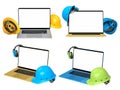 Laptops with blank screens surrounded by construction helmets, isolated on white background with clipping path, workplace safety Royalty Free Stock Photo