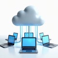 Laptops connected to cloud cloud computing. Data storage, accessibility via network. Modern tech illustration isolated on white Royalty Free Stock Photo