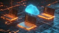 Laptops connected to glowing cloud in virtual network Royalty Free Stock Photo