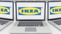 Laptops with Ikea logo on the screen. Computer technology conceptual editorial 3D rendering