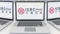 Laptops with Industrial and Commercial Bank of China ICBC logo on the screen. Computer technology conceptual editorial