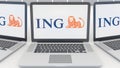 Laptops with ING Group logo on the screen. Computer technology conceptual editorial 3D rendering