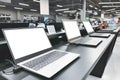 Laptops in a modern technology store. Department of computers in the electronics store. Choosing a laptop in the store Royalty Free Stock Photo