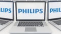 Laptops with Philips logo on the screen. Computer technology conceptual editorial 3D rendering