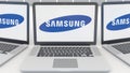 Laptops with Samsung logo on the screen. Computer technology conceptual editorial 3D rendering