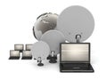 Laptops, satellite antenna and earth globe Royalty Free Stock Photo