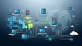 Laptops, tablets, and servers interconnected in a digital network, depicted in Royalty Free Stock Photo