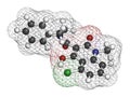 Laquinimod multiple sclerosis drug molecule. 3D rendering. Atoms are represented as spheres with conventional color coding: