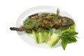 Larb plachon is fried snake-head fish topping with chili and spicy herbs. Royalty Free Stock Photo