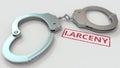 LARCENY stamp and handcuffs. Crime and punishment related conceptual 3D rendering
