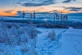 Larch and fir trees covered with frost at sunrise on the slope in Tatranska Lomnica, popular travel destination and ski resort in Royalty Free Stock Photo