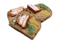 Lard in red pepper. pork lard on black rye bread. rye bread with apricots and sunflower seeds.