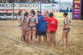 LAREDO, SPAIN - JULY 31: The girls team, BMP Algeciras, receives instructions from coach in the time-out in the Spain handball Cha