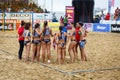 LAREDO, SPAIN - JULY 31: The girls team, BMP Algeciras, receives instructions from coach in the time-out in the Spain handball Cha